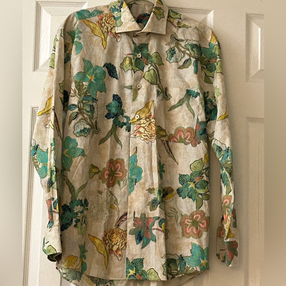 Alan Flusser Mens Medium Floral Bird Print Long Sleeve Shirt Resort Aloha Casual